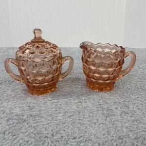Vintage Jeanette Glass Creamer Sugar Set Pink Diamond Cube Cubist Pattern